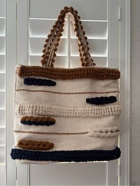 World Market Canvas Tote Bag with Braided Accents in Cream, Brown & Navy